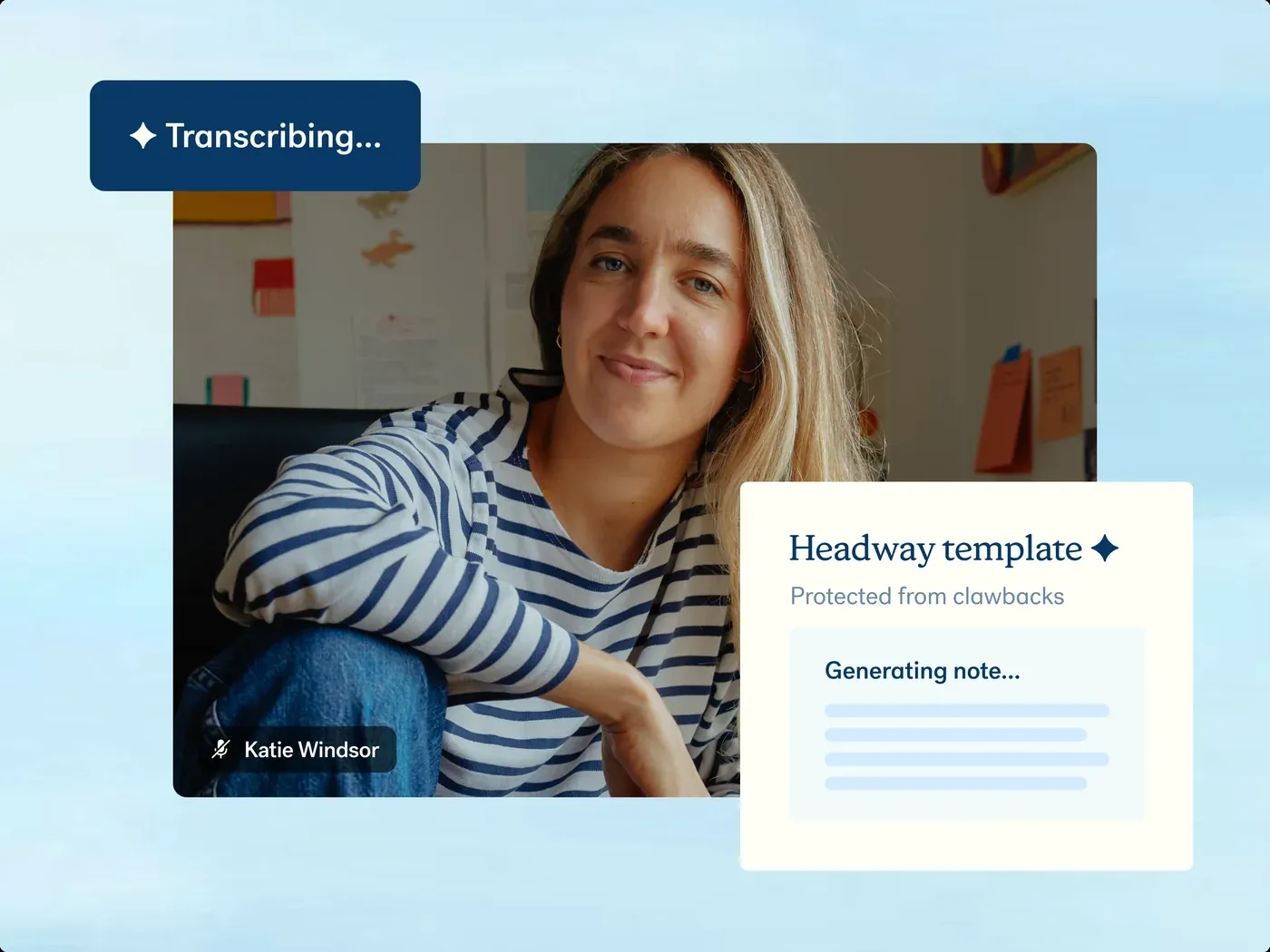 A Headway Telehealth session with a Transcribing badge, next to a Headway template note draft marked protected from clawbacks
